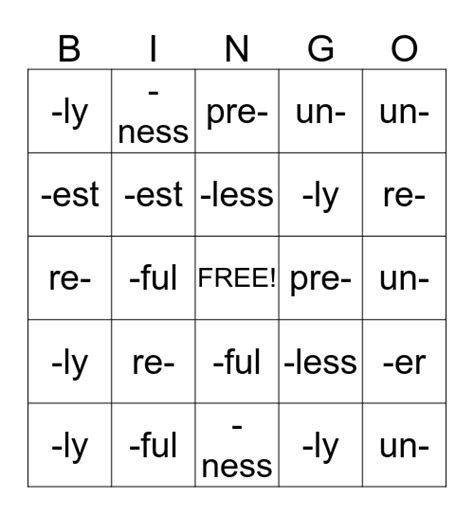 Prefix And Suffix Bingo Printable